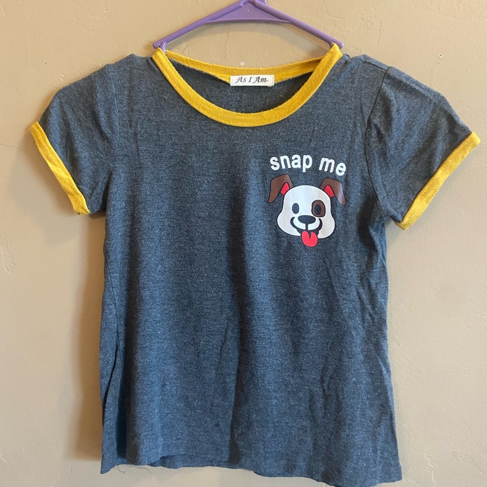 As I Am Snap me baby tee size small gray yellow
